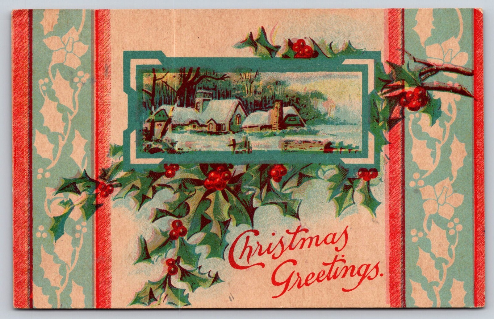 Postcard Christmas Greetings Holly Berries Snow Farm Floral Silhouette Border