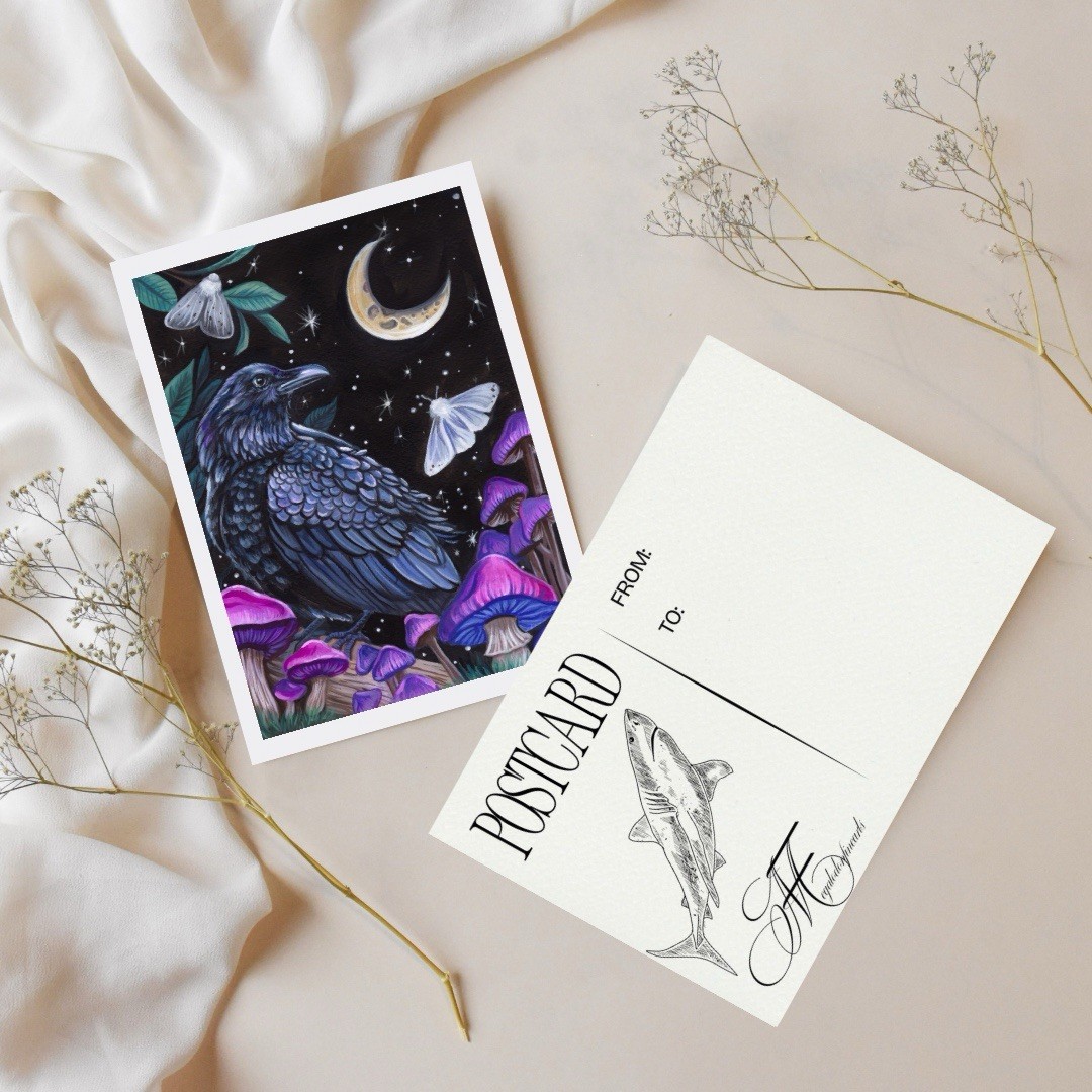 Witchy Raven Postcard Art, Celestial Moon Moth Crow Painting, Gothic Art Gift