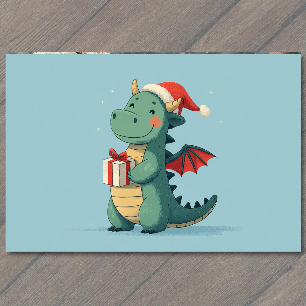 POSTCARD Christmas Dragon Holding Gift Box Santa Hat Cute Holiday Fantasy Art