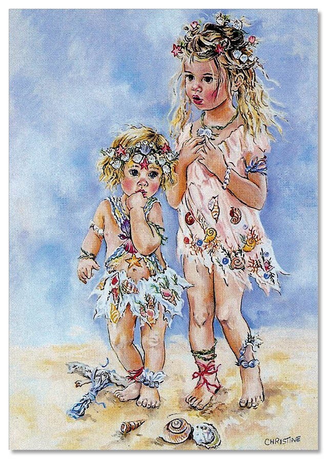 Pretty Two sisters LITTLE Girl on the seashore Toy ART NEW modern Postcard