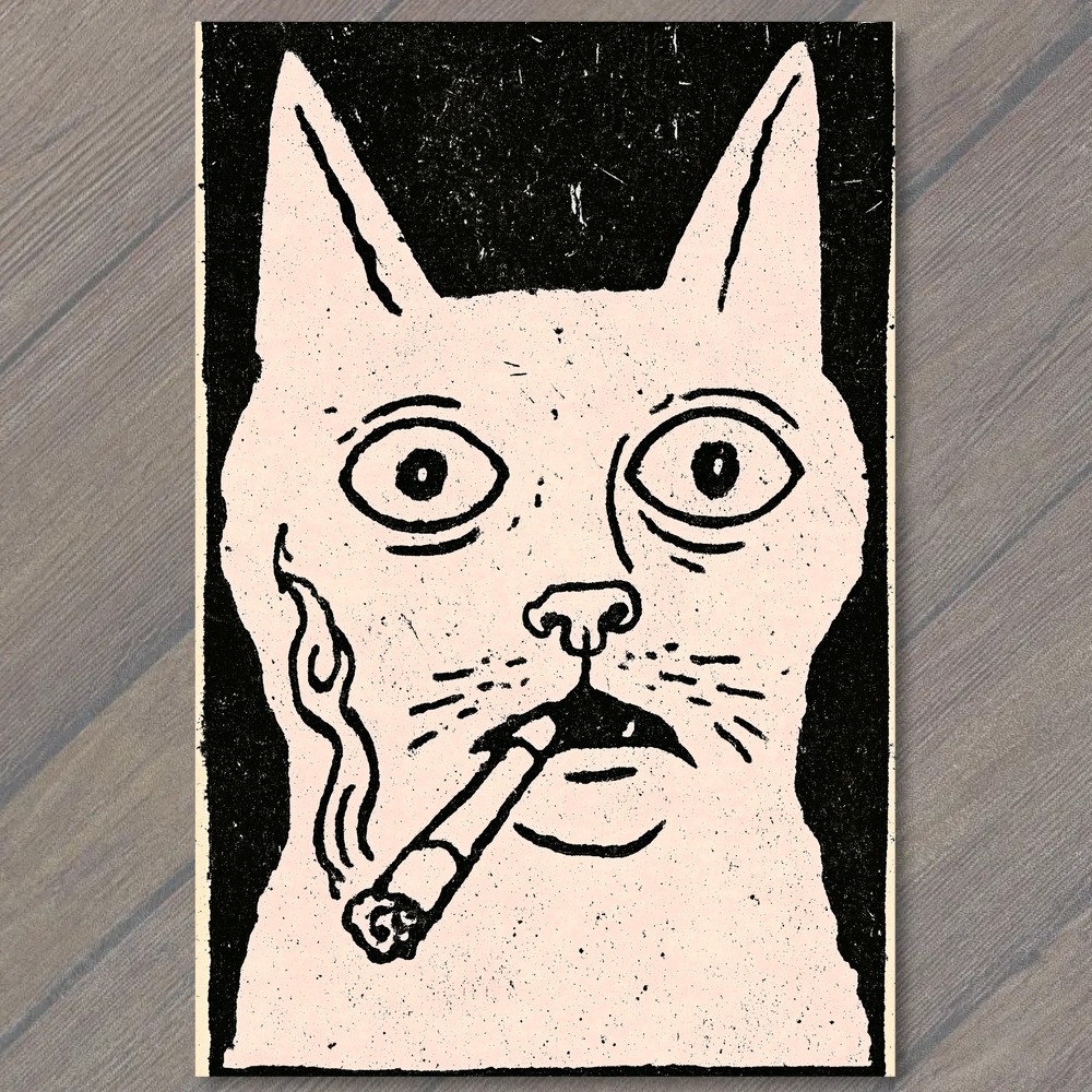 POSTCARD Weird Cat Smoking Cigarette Odd Surreal Dark Creepy Strange Gothic