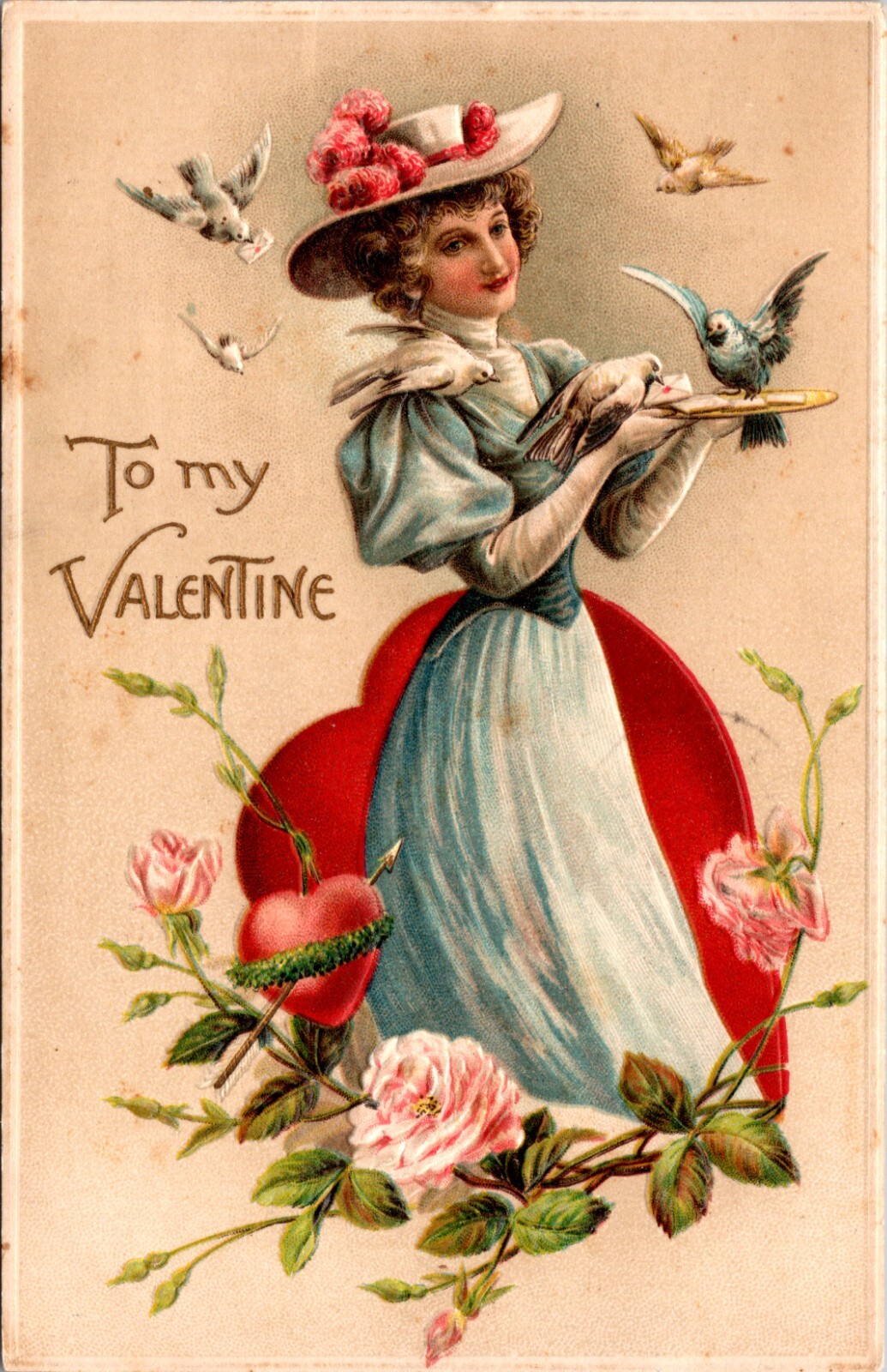 1910 Valentine Postcard Young Lady Blue Dress with Gigot Sleeves Feeding Doves