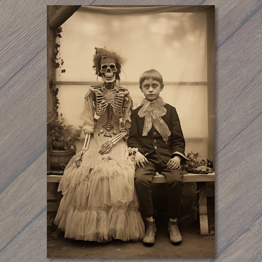 POSTCARD Weird Creepy Skeleton Twin Unreal Halloween Unusual Strange Dress