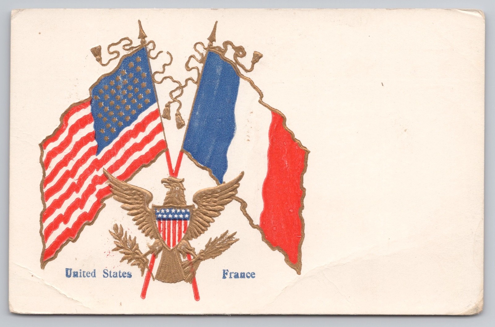 Postcard Patriotic United States and France Flags Gold Eagle with Shield