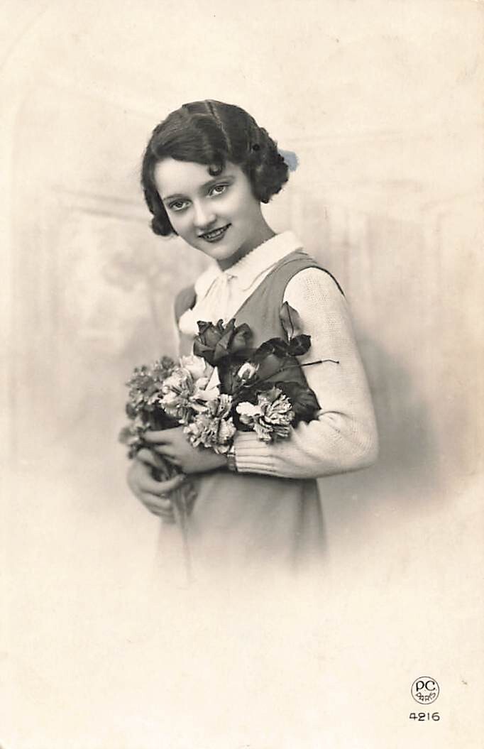 Postcard Woman Long Sleeves Flowers Short Hair 1936