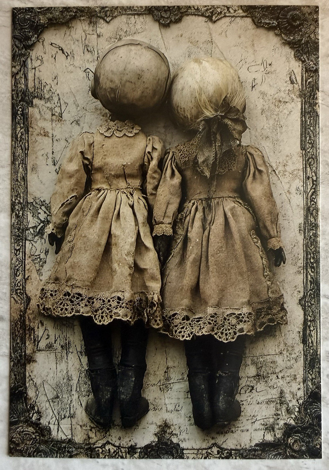 2 Creepy Dolls Face Down Vintage Dress Gothic Halloween Postcard PC962 Wall Art