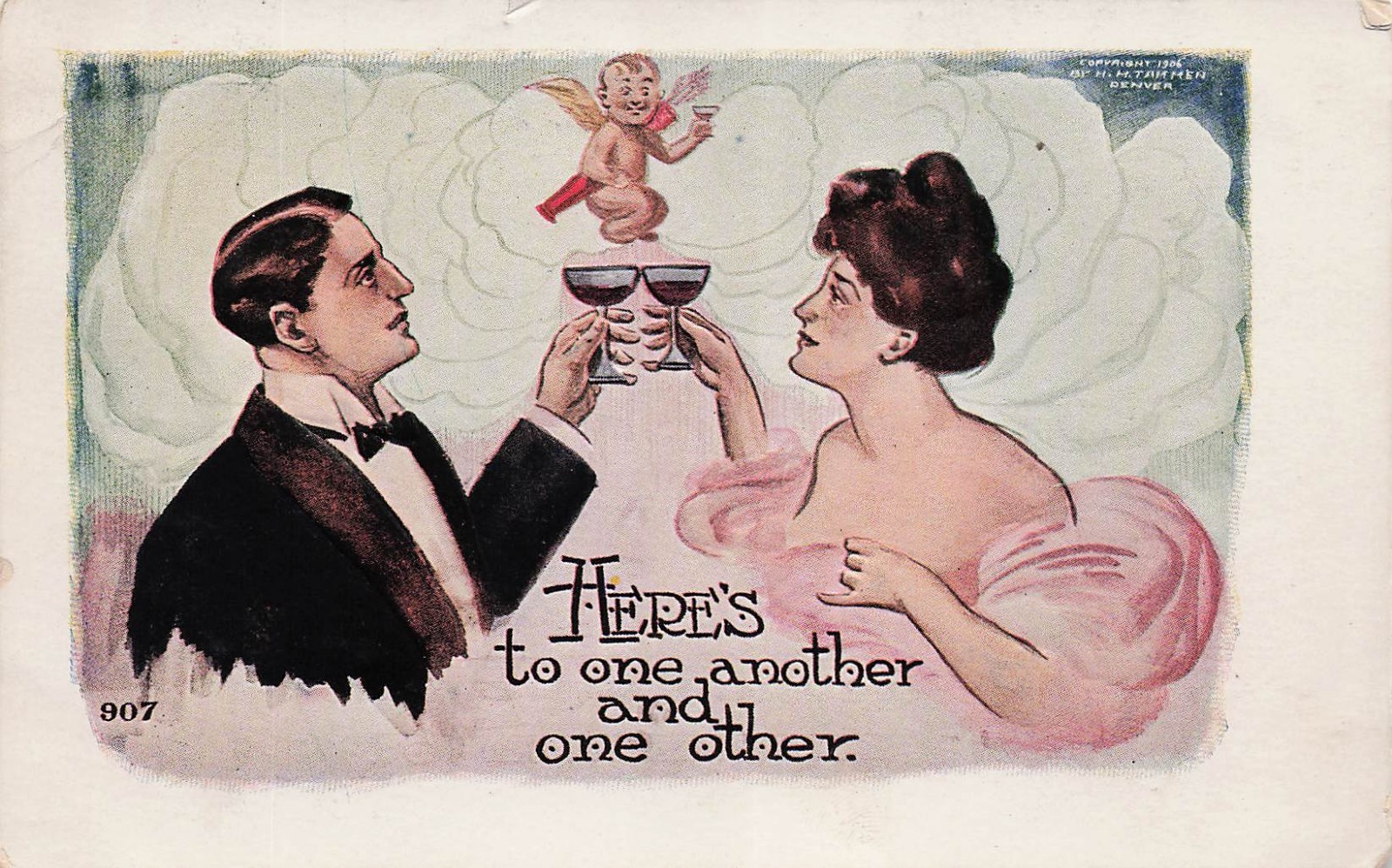 Romantic Couple Gibson Girl Cupid Toast Valentines Love Vtg Postcard J75
