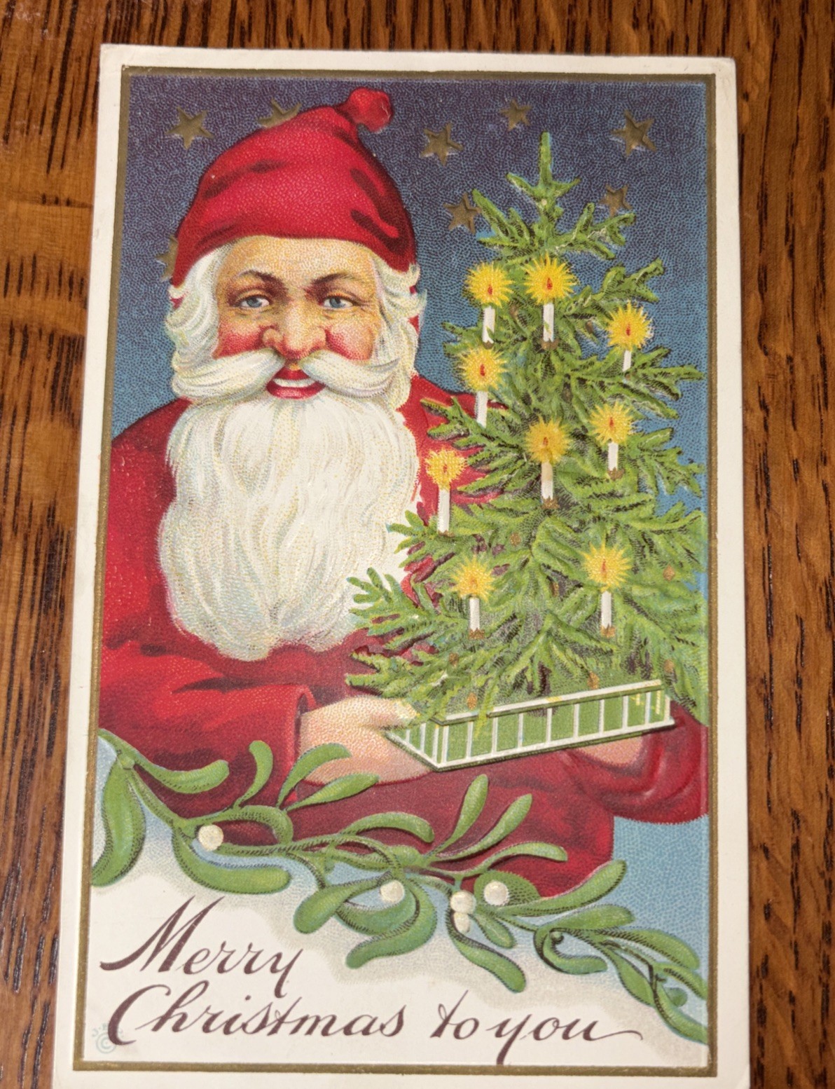 Antique Christmas Embossed Postcard Posted Divided Back Santa Claus With Tree