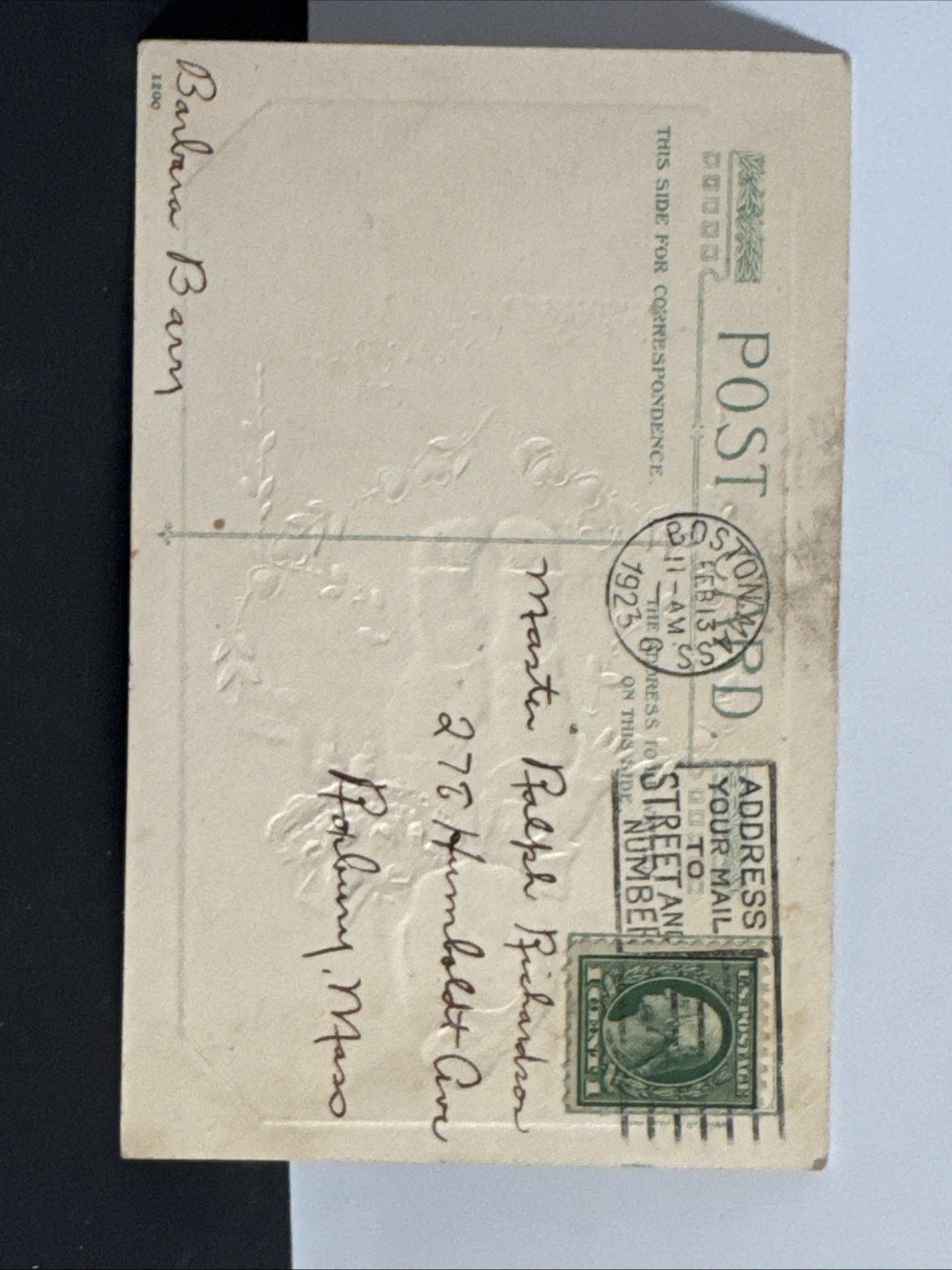 1923 Embossed Valentine’s Day Postcard, Reminiscent Of Kewpie Doll