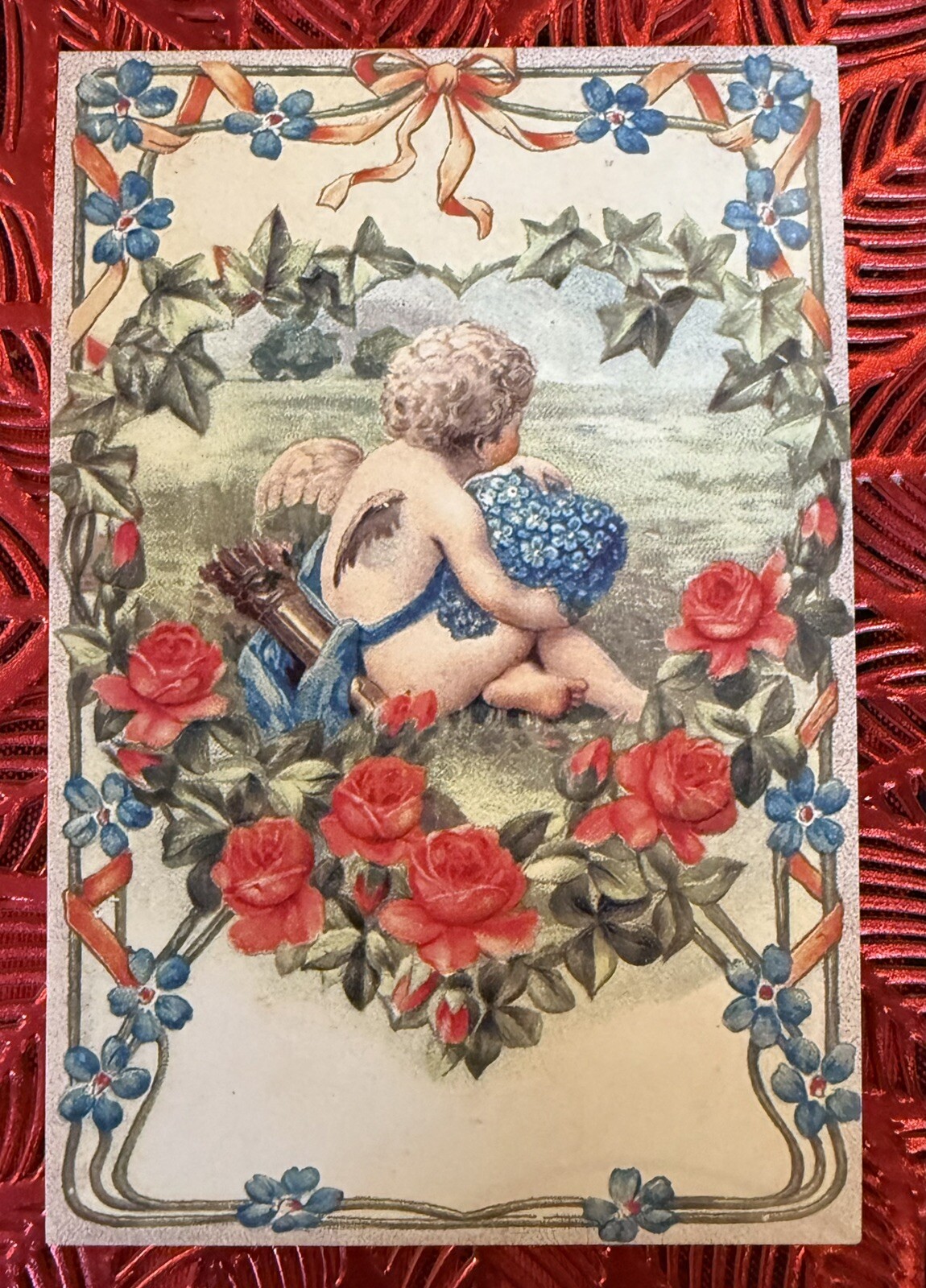 Vintage Inspired Cupid Red Roses Blue Flowers #4754 Postcard Ephemera Card Tag