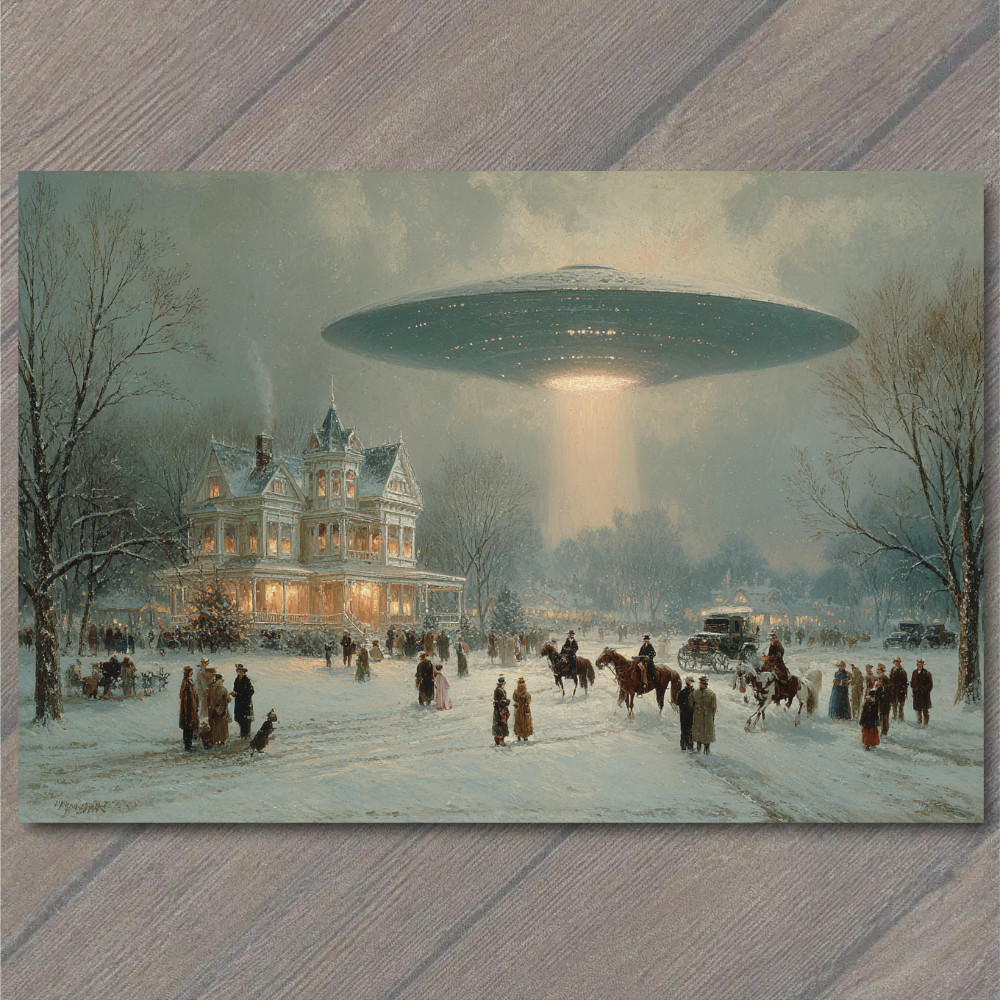 POSTCARD UFO Over Victorian Christmas Town Winter Night Lights Alien Spaceship S