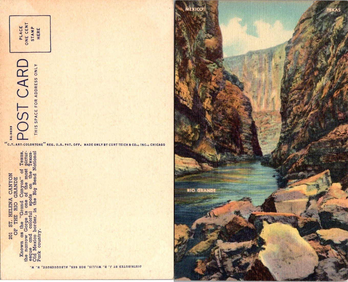 Rio Grande St Helena Canyon Texas Mexico Curt Teich Linen Postcard Unposted