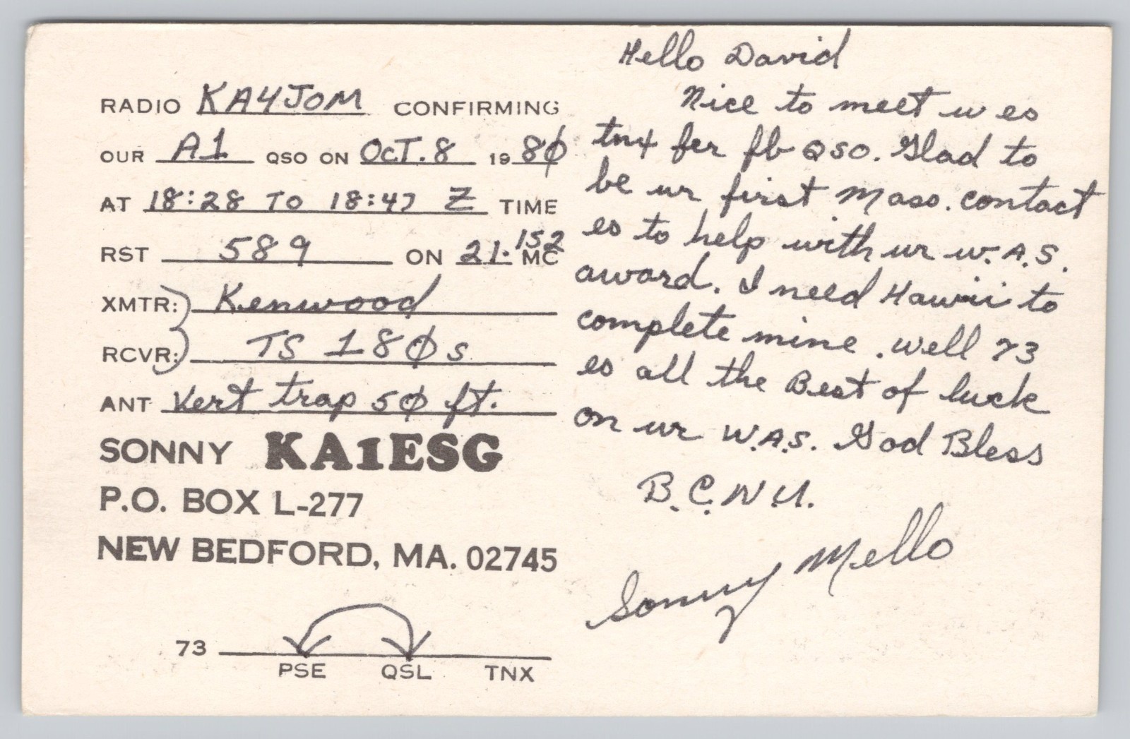 Ham Radio QSL KA1ESG Funny 30 Days Claim Me Woman Photo New Bedford Postcard