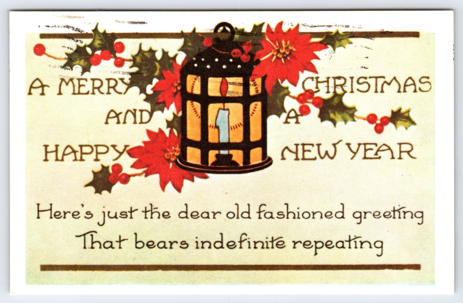 Vintage Postcard A Merry Christmas And A Happy New Year Lantern Candle Holly