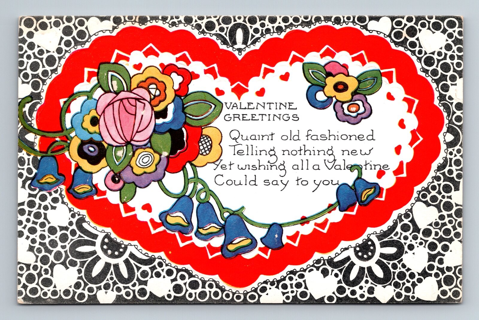 Valentine Greetings Artsy Flowers Heart Poem Vintage Valentine’s Day Postcard