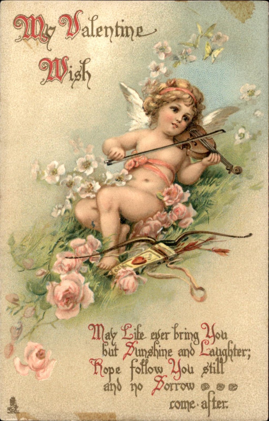 Valentine’s Day Cherub Playing Violin Fantasy Tuck c1900s-10s Vintage Postcard