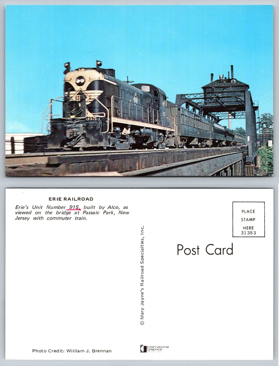 Erie Railroad Unit 915 Alco Train Passaic Park NJ Bridge Commuter Postcard