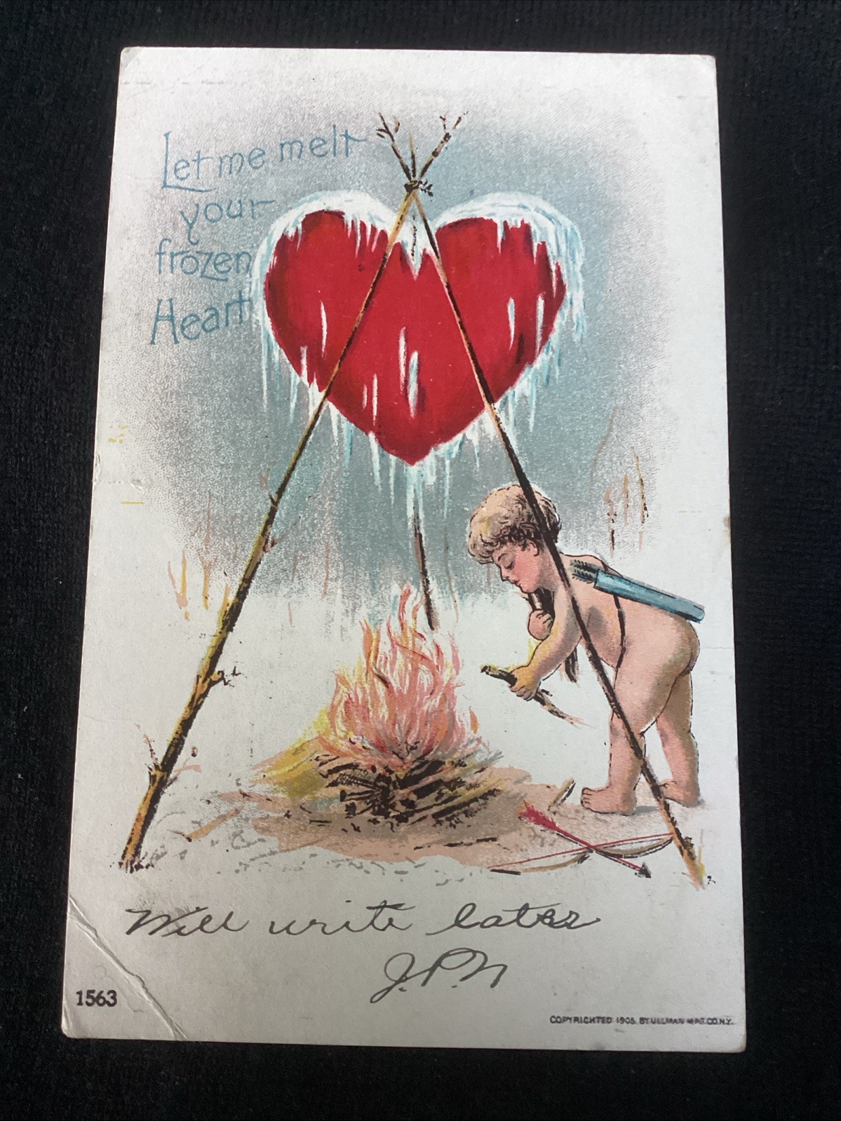 Vintage Valentine’s Day postcard melt your frozen heart Cupid fire 1907 Antique