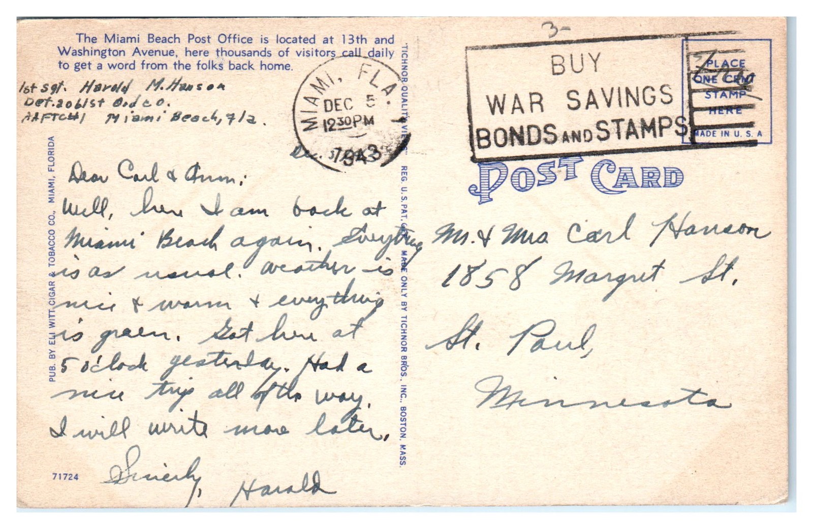 Postcard: United States Post Office, Miami Beach, Fla. UNITED STATES P