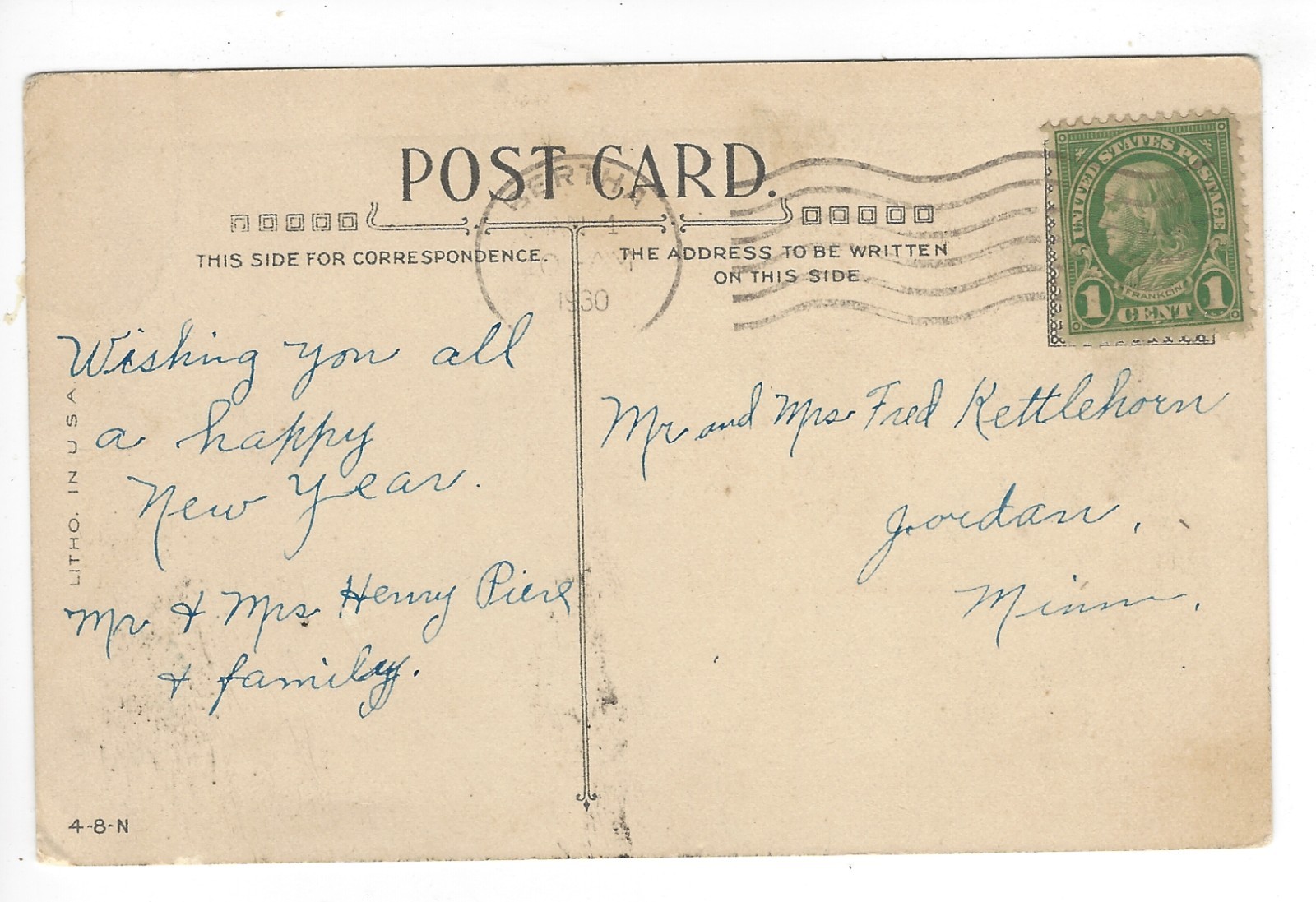 Postcard Divided Back USA New Year 1930 PM 1 Cent Stamp