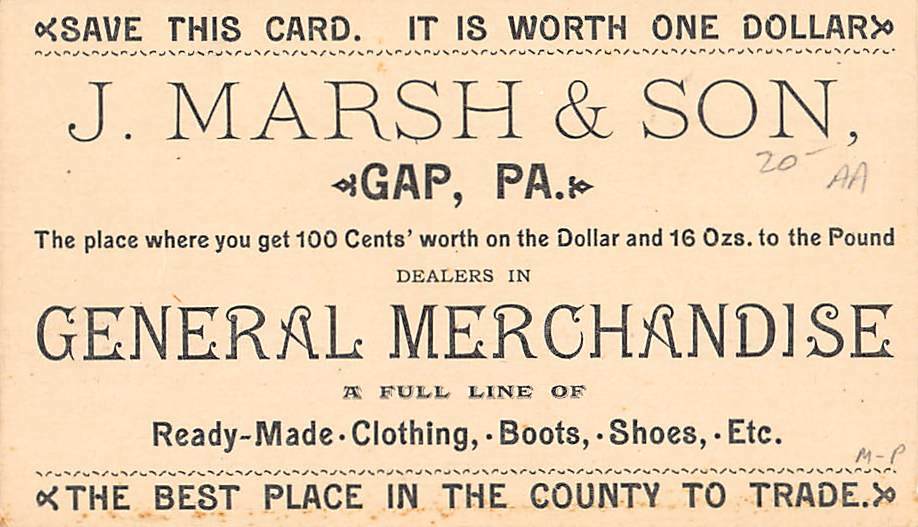 GAP, PA, MARSH & SON MERCHANDISE DEALER, CASH BUYER’S REBATE ADV CARD, 1880’s