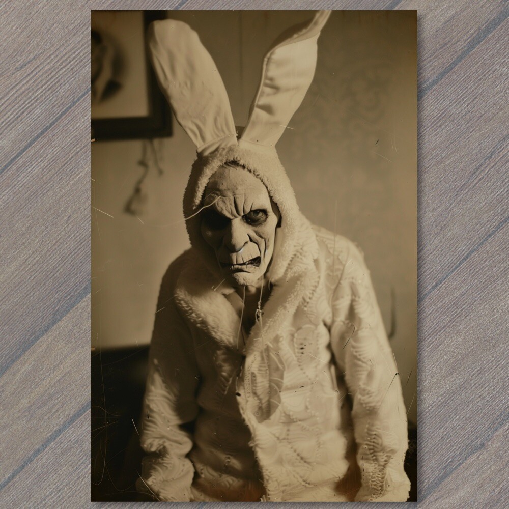 POSTCARD Rabbit Weird Creepy Vibe Easter Bunny Scary Mask Cult Strange Unusual