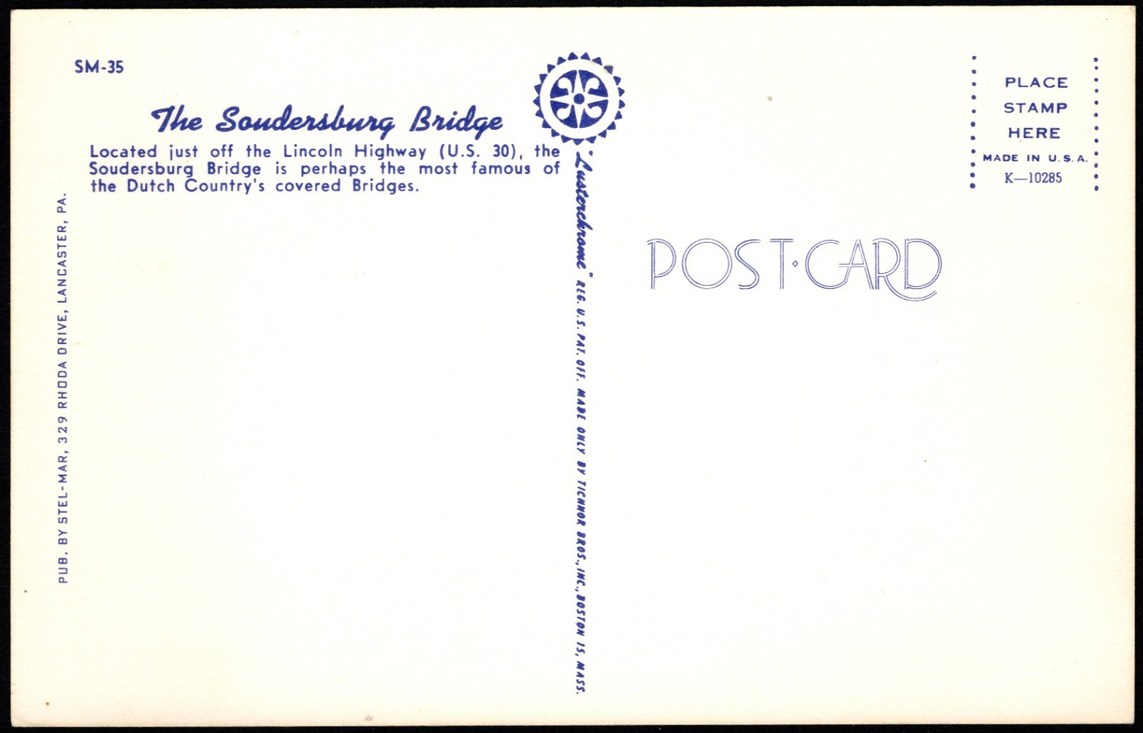 Postcard Famous Soudersburg Covered Bridge, Soudersburg, PA Chrome