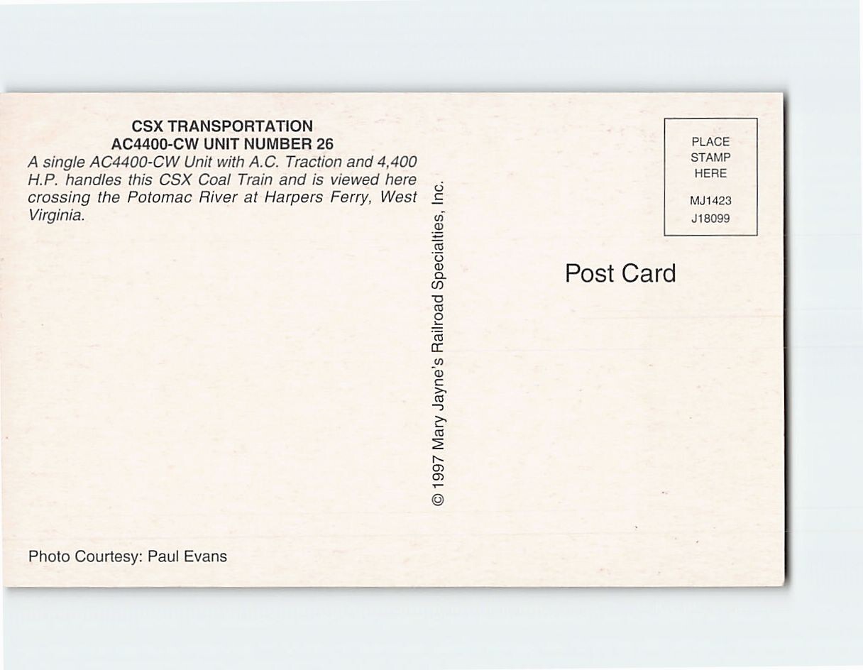 Postcard CSX Transportation AC4400-CW Unit Number 26 AC Traction Coal Train