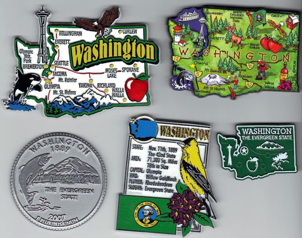 WASHINGTON THE EVERGREEN STATE OUTLINE MAP MAGNET, NEW