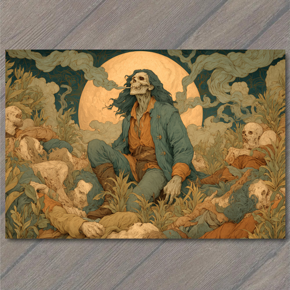 POSTCARD Smoking Skeleton Moonlit Battlefield Fog Creepy Eerie Surreal Warrior