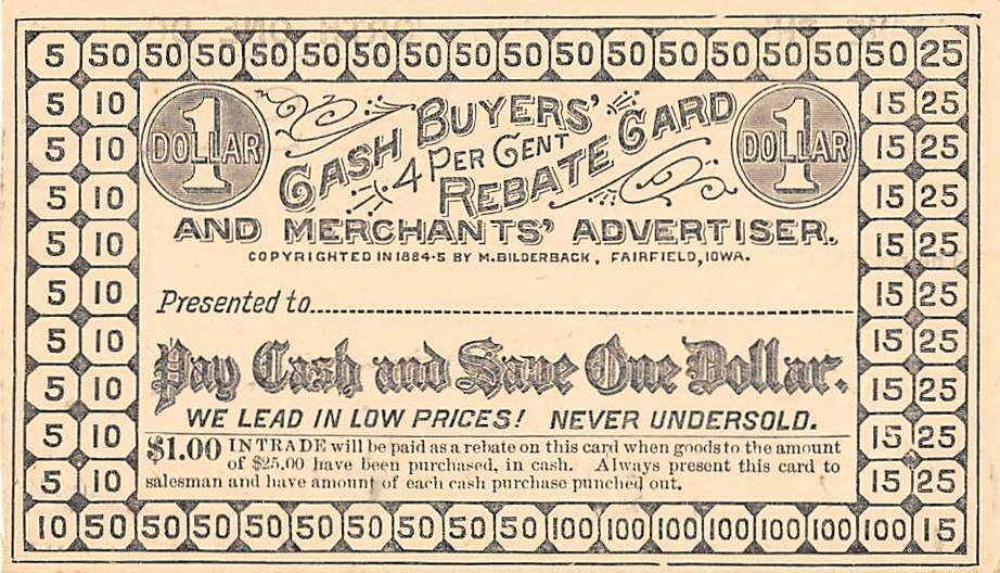 GAP, PA, MARSH & SON MERCHANDISE DEALER, CASH BUYER’S REBATE ADV CARD, 1880’s
