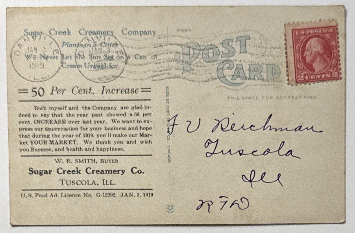 Sugar Creek Creamery Co WR Smith Buyer Tuscola IL 1910s Advertising Postcard