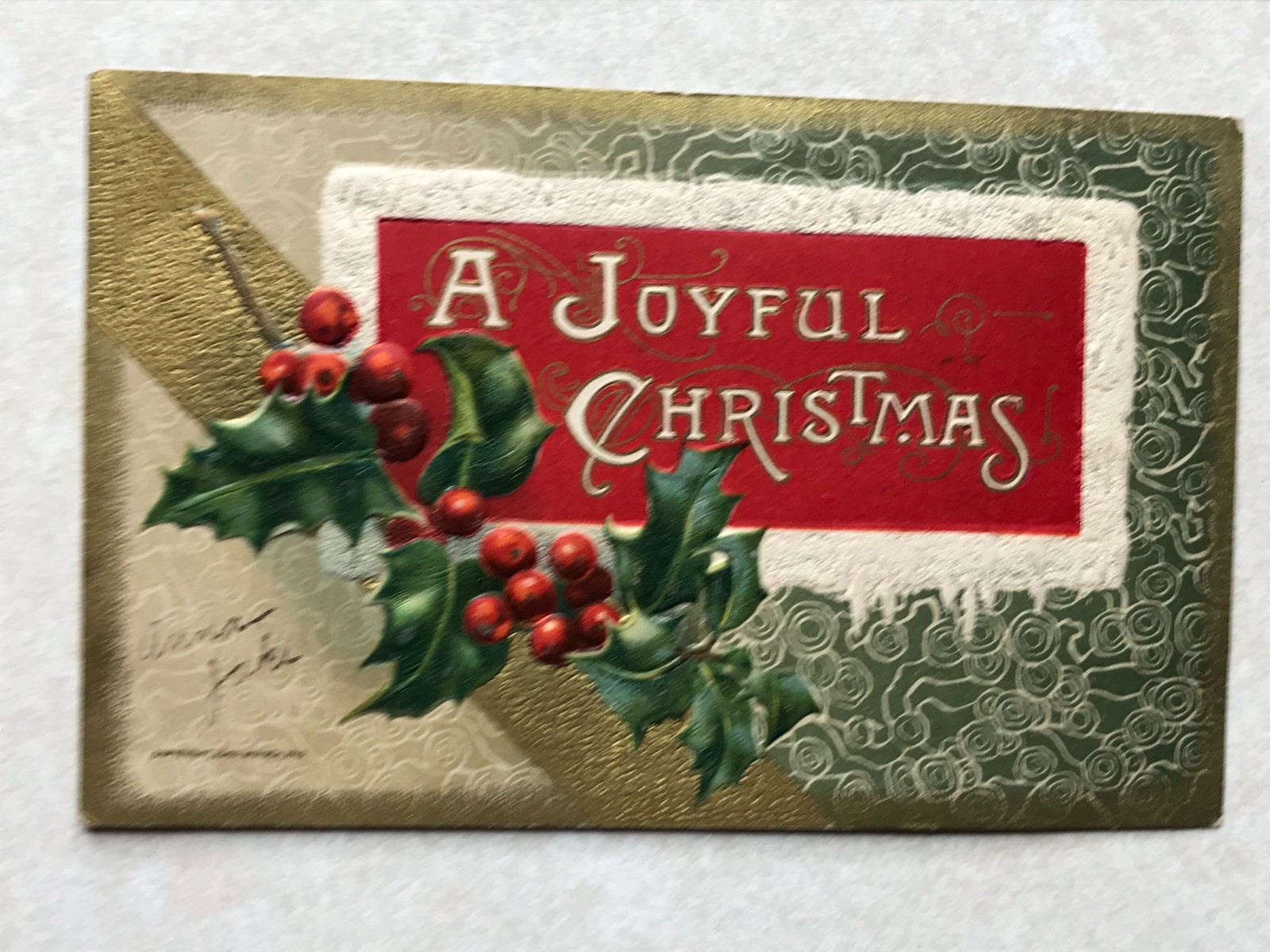 P1417 Vintage Postcard A Joyful Christmas Holly Berries Embossed Festive Holiday