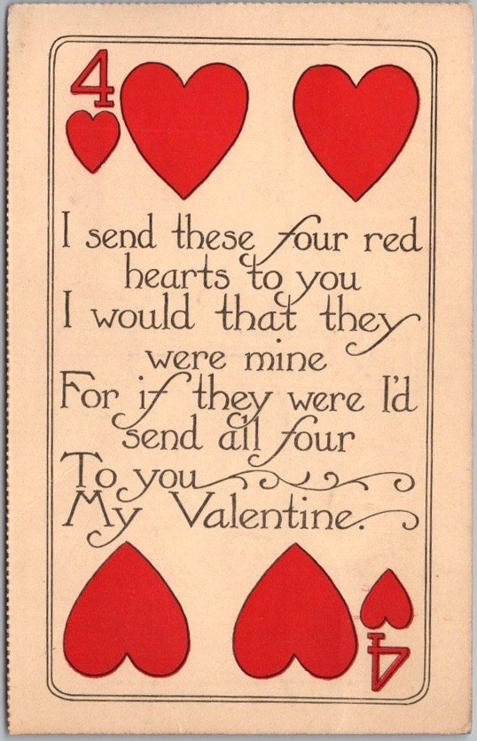 Vintage VALENTINE’S DAY Greetings Postcard “I Send These Four Red Hearts to You”