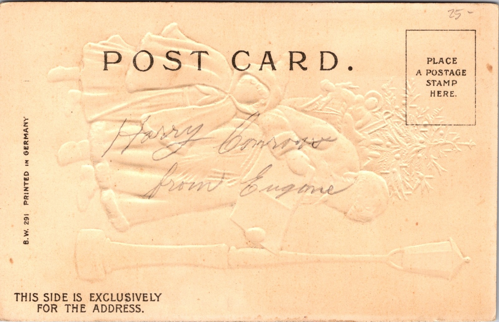 Antique Christmas Postcard Green Suit Santa Reading Letter Child Lamppost c1900s