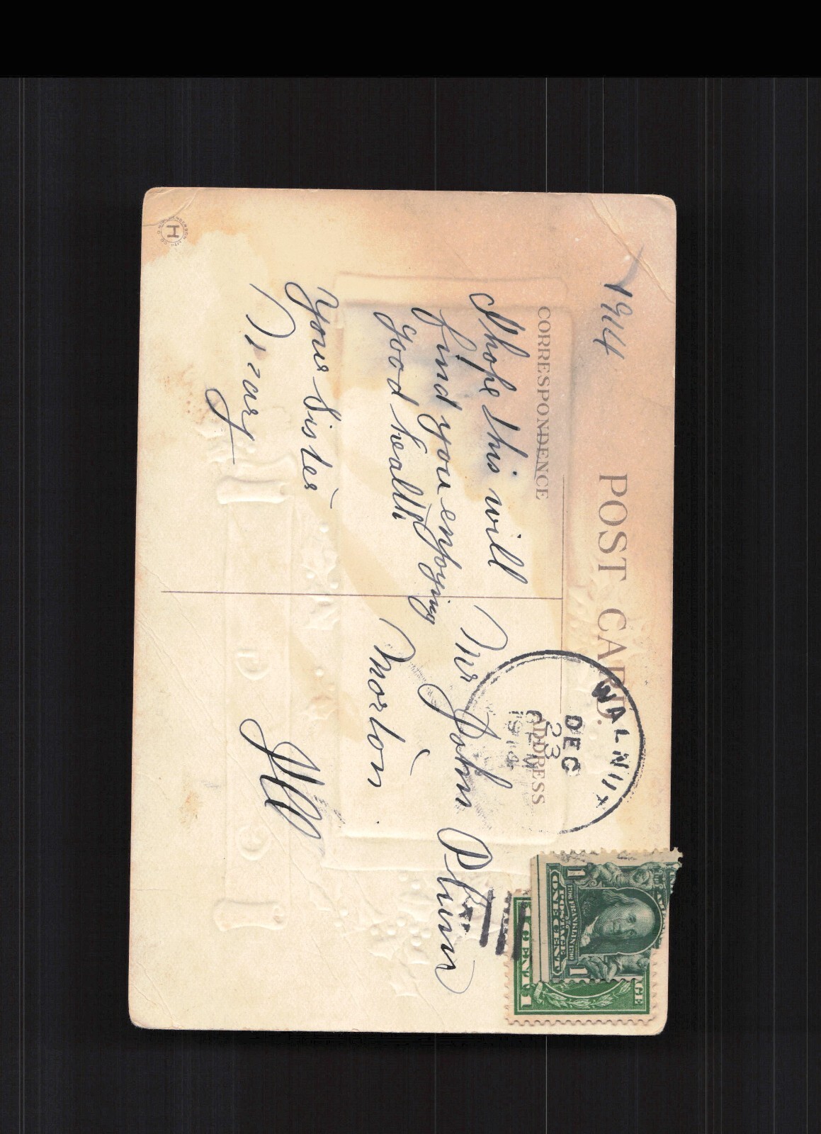 1914 Embossed Christmas Greetings Postcard Posted Illinois