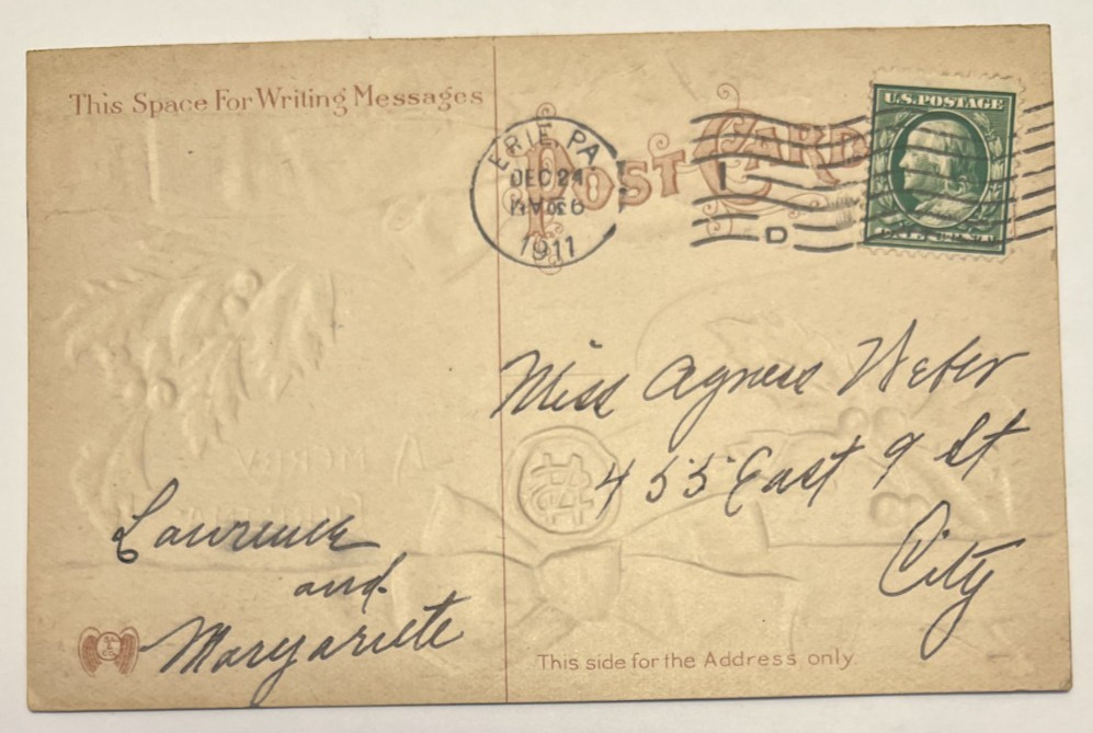 1911 A Merry Christmas, Holly, Wax Seal, Ribbon Bow, Embossed, Vintage Postcard