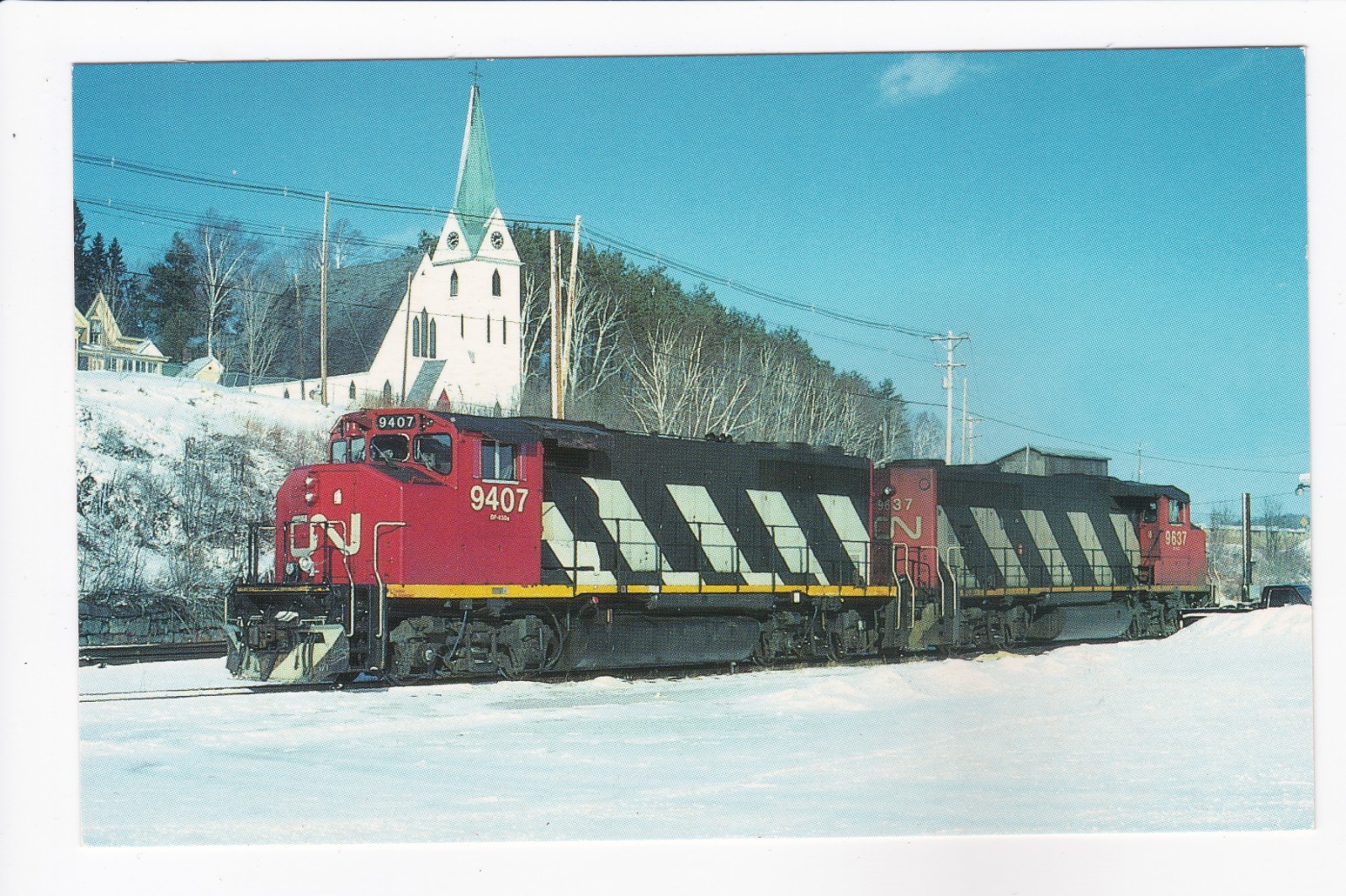 Canadian National GP40-2W Unit No. 9407 & 9637 Island Pond VT Chrome Postcard