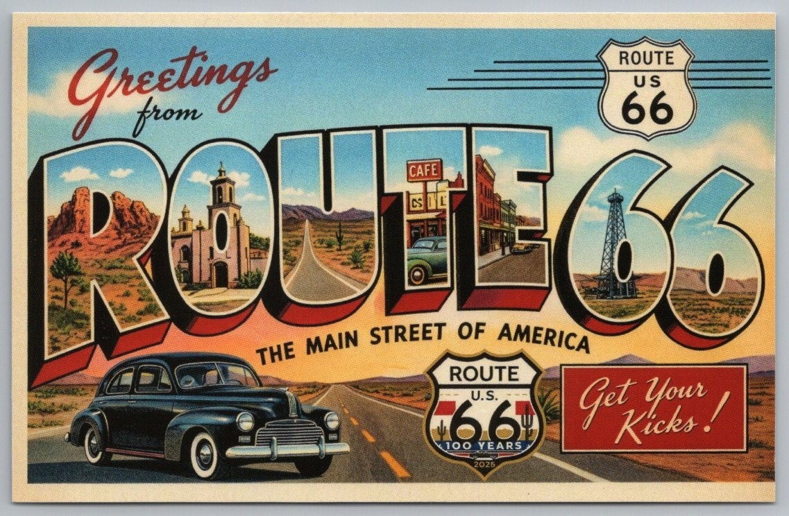 Route Rt 66 Centennial 100 Years Cruising 1940s Large Letter New Postcard