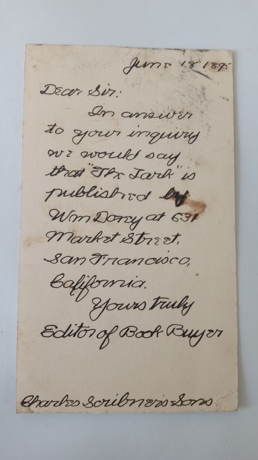 1895 NEW YORK NY POSTCARD EDITOR OF BOOK BUYER CHARLES SCRIBNER’S SONS PUB.