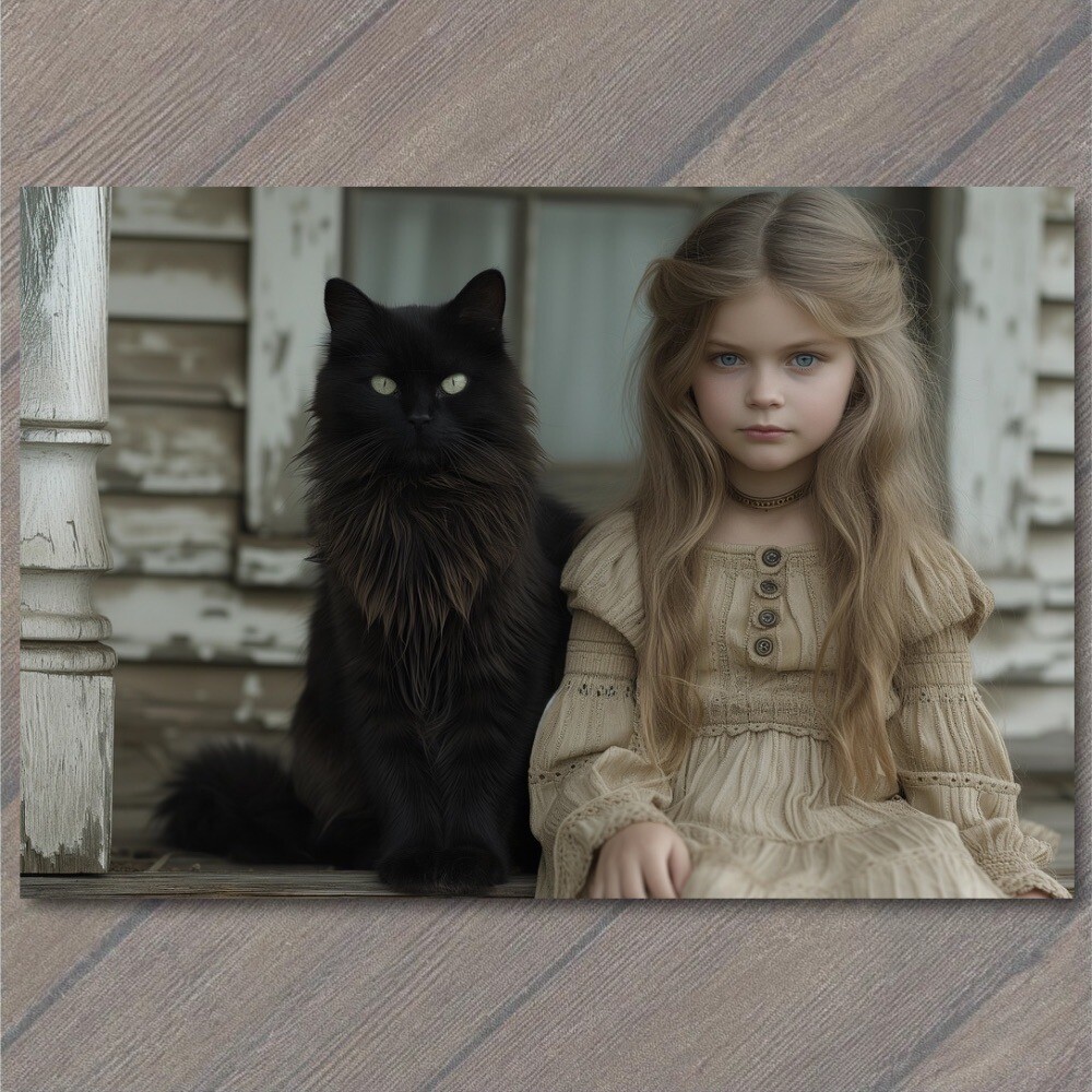 POSTCARD Girl Black Cat Weird Creepy Pet Old Vibe Unusual Cute Scary Strange Fun