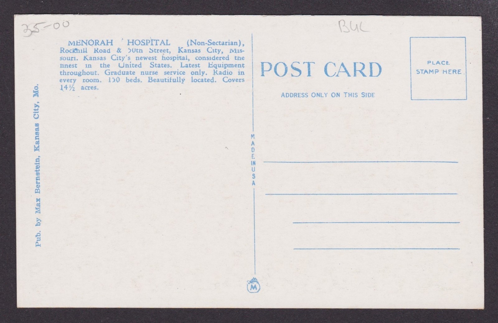 UNITED STATES, Vintage postcard, Menorah Hospital, Kansas City, Unposted