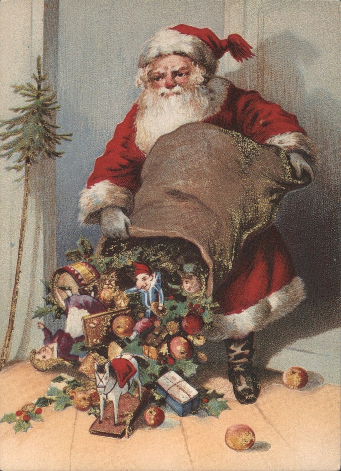 Santa Claus Emptying Sack of Toys with Christmas Tree Original Vintage Postcard