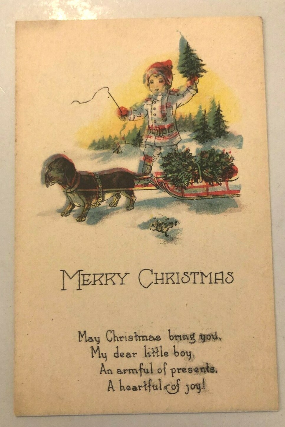 Postcard Merry Christmas Dog Pulling Holly Sled Kid Christmas Tree Winter Scene