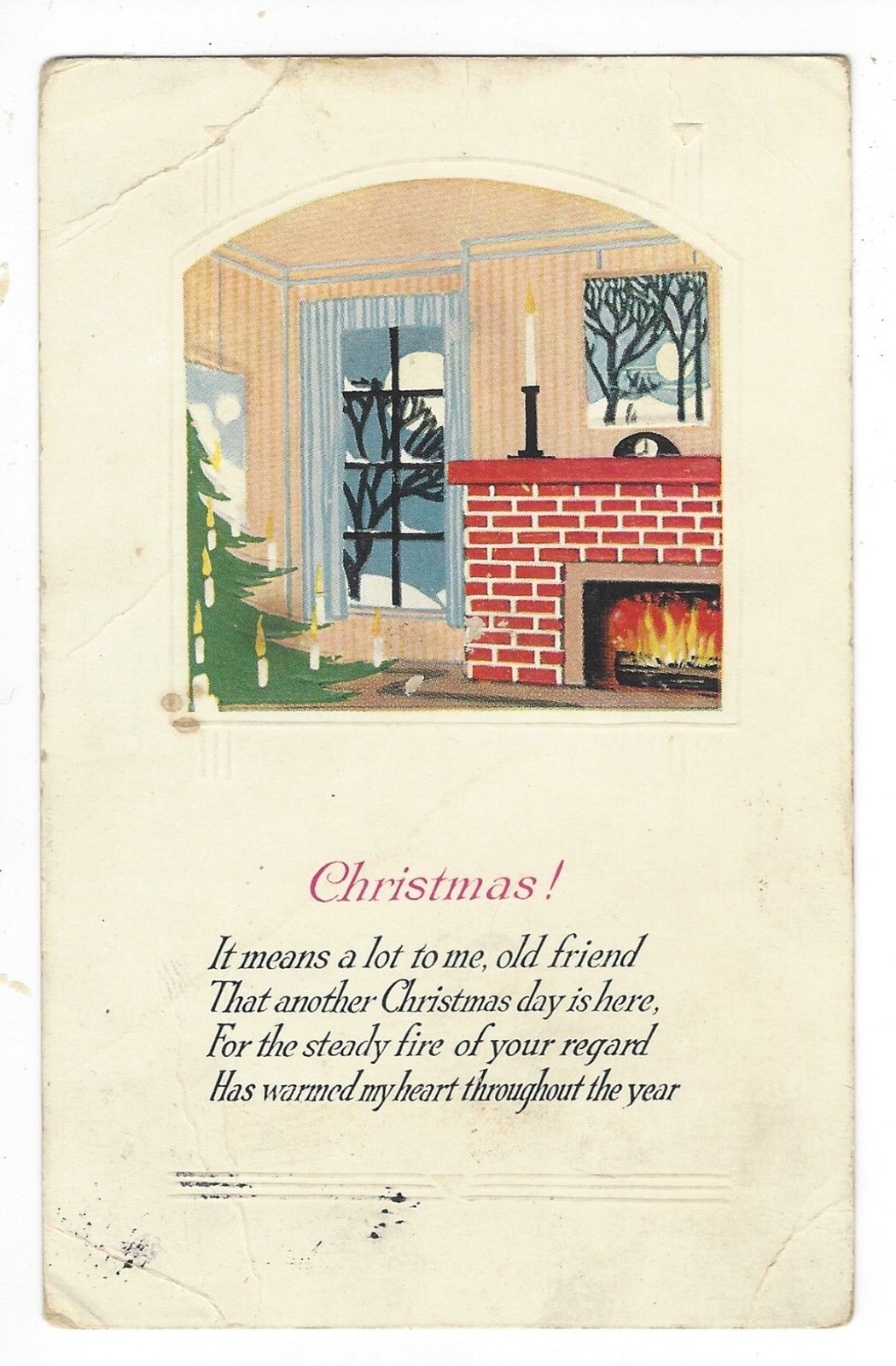 Postcard Divided USA Christmas! Warm Fire Evening Scene