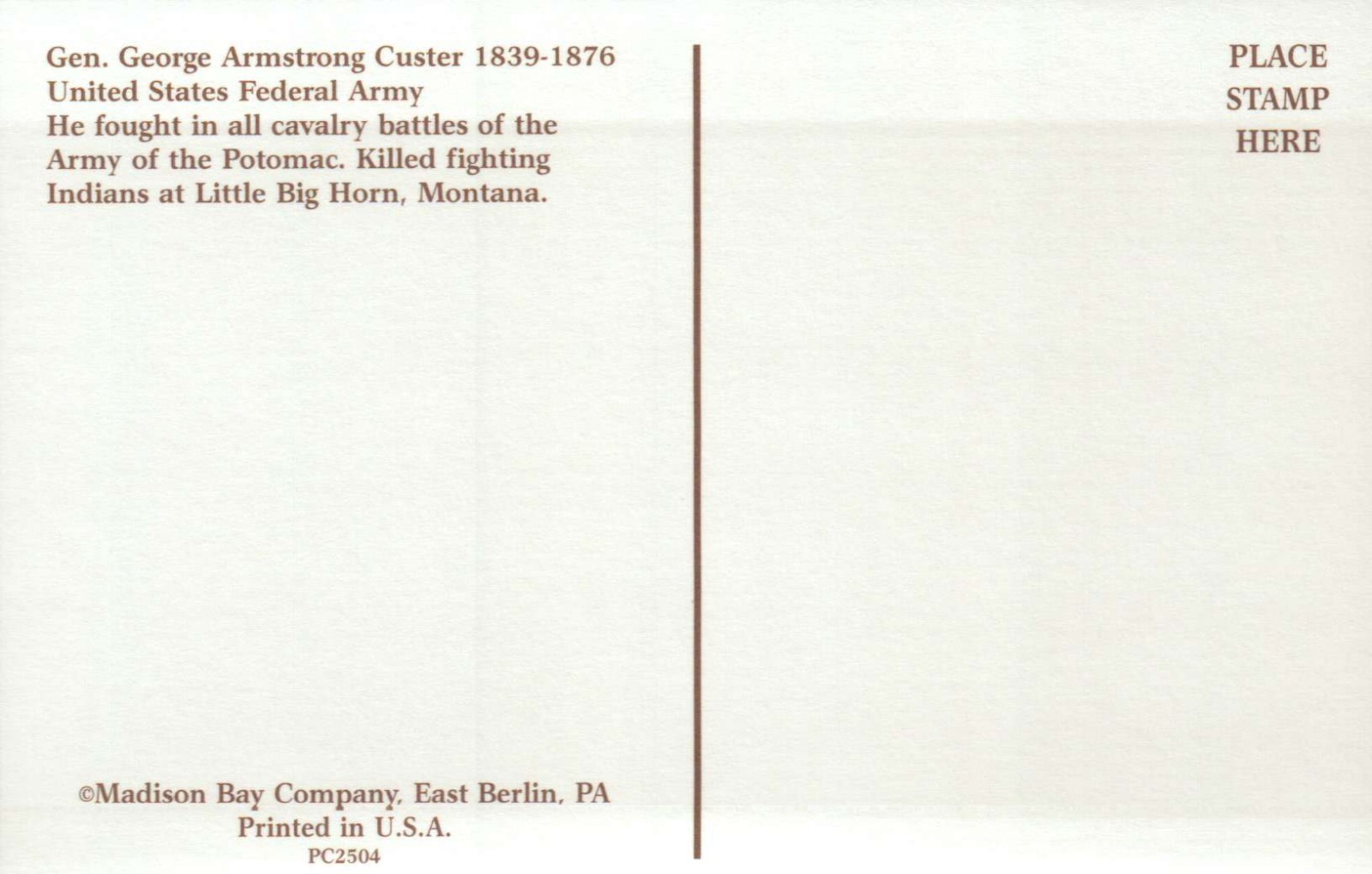 General George Armstrong Custer United States Federal Army — Civil War Postcard