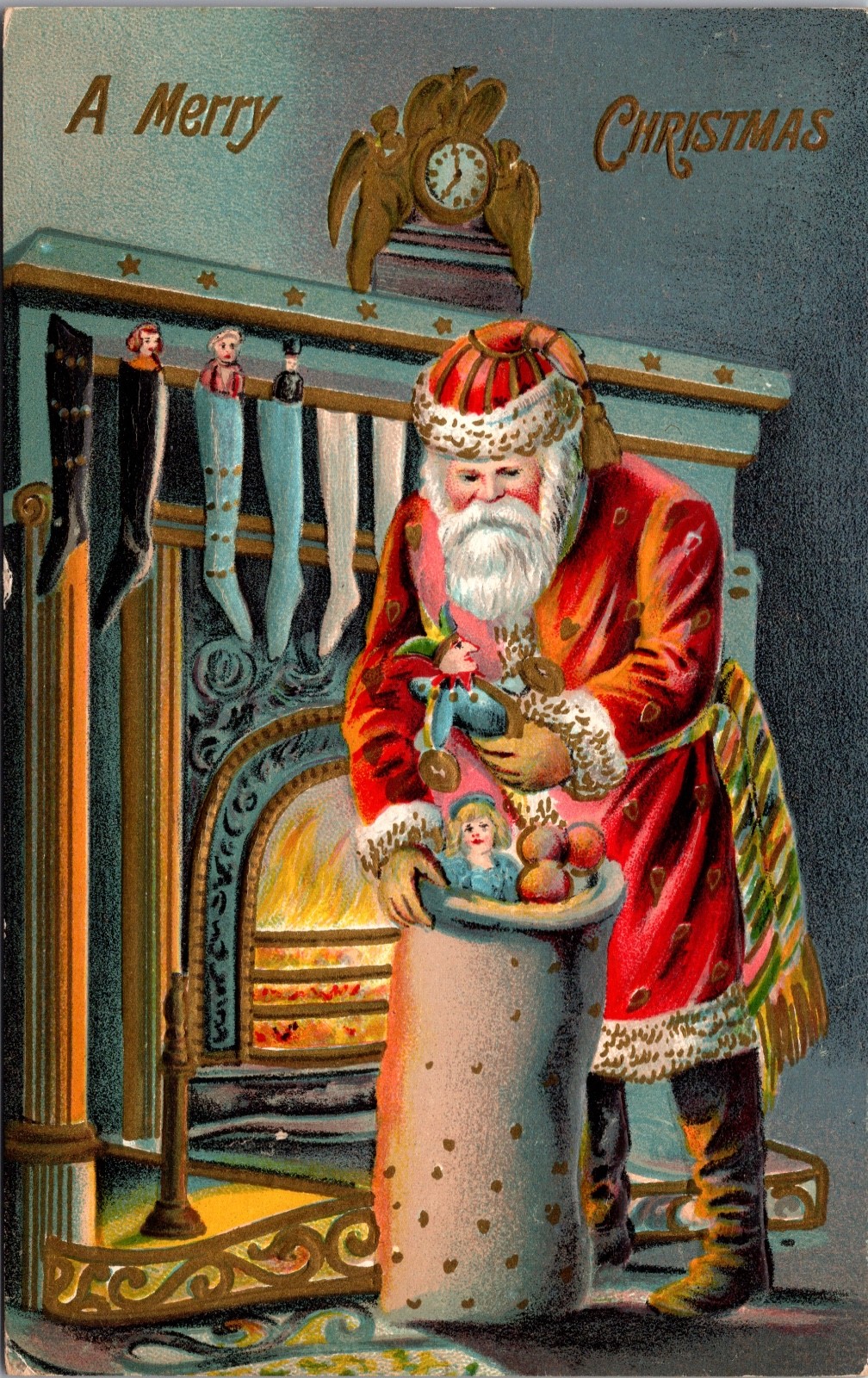 A Merry Christmas Santa by Fireplace Filling Stockings Early 1900s Embossed