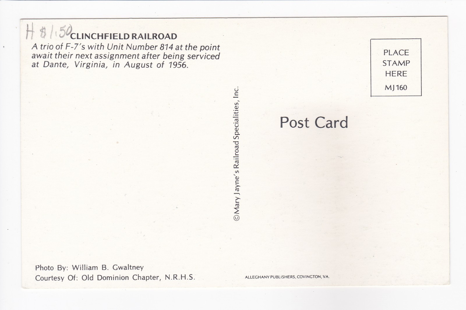 Clinchfield Railroad F-7 Unit #814 Dante Virginia Chrome Postcard