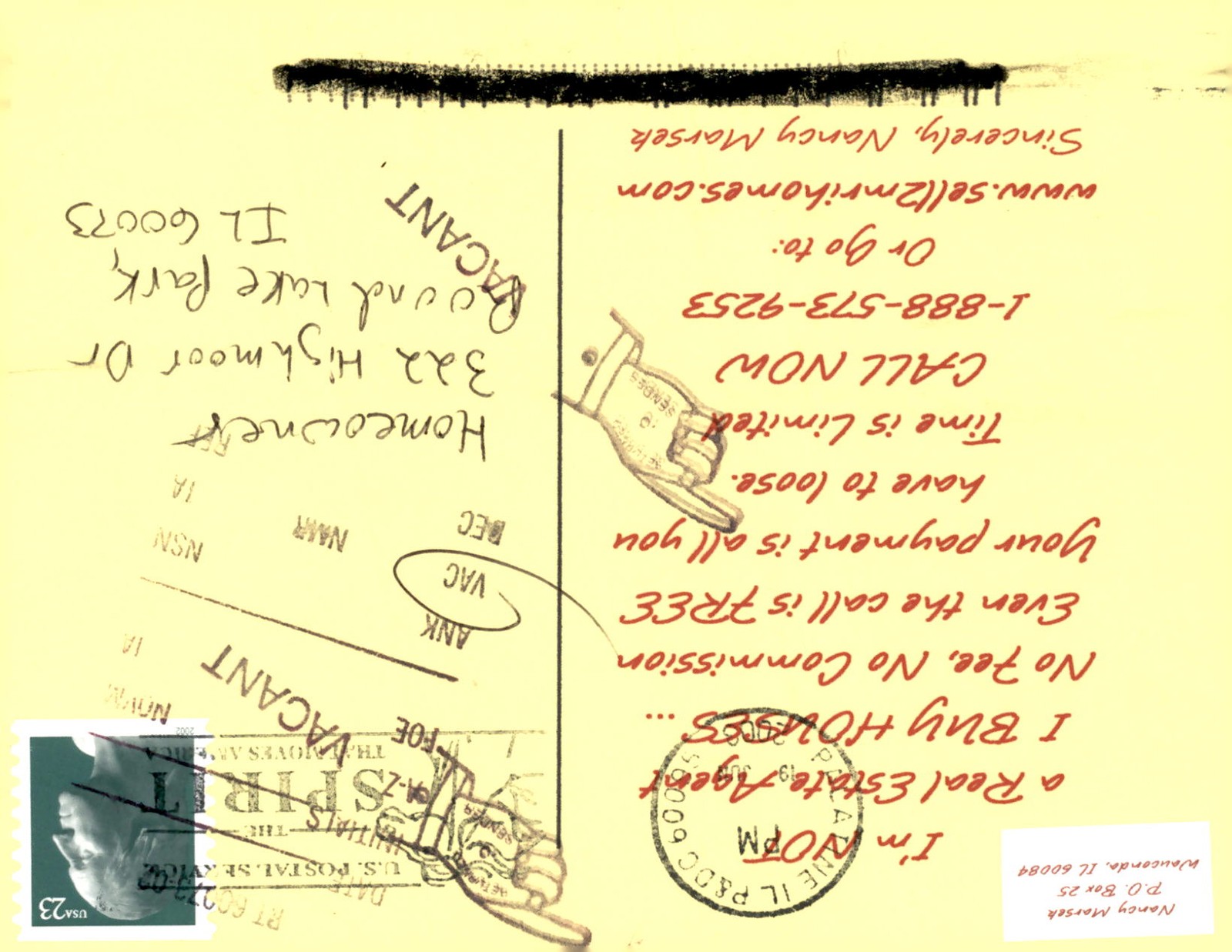Nancy Marsek, Real Estate Buyer, Mortgage Payment Offer, 2002 Postcard