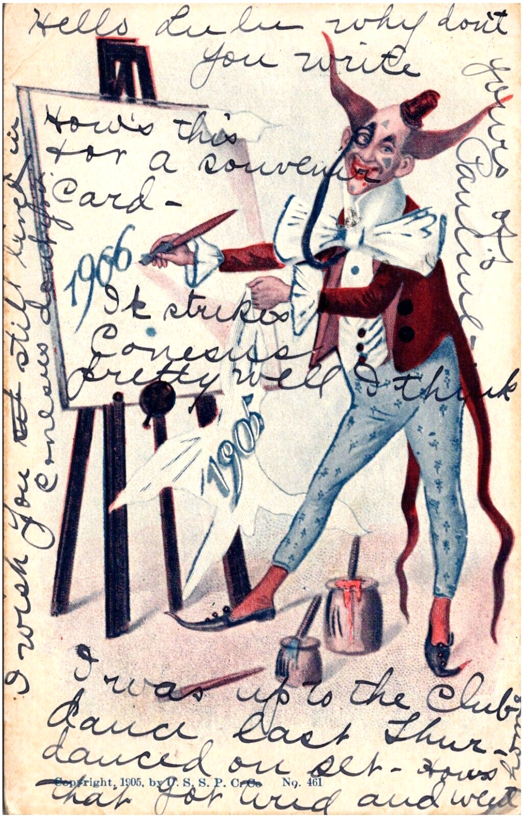 Creepy Circus Clown Painting on Canvas 1906 New Years Postcard